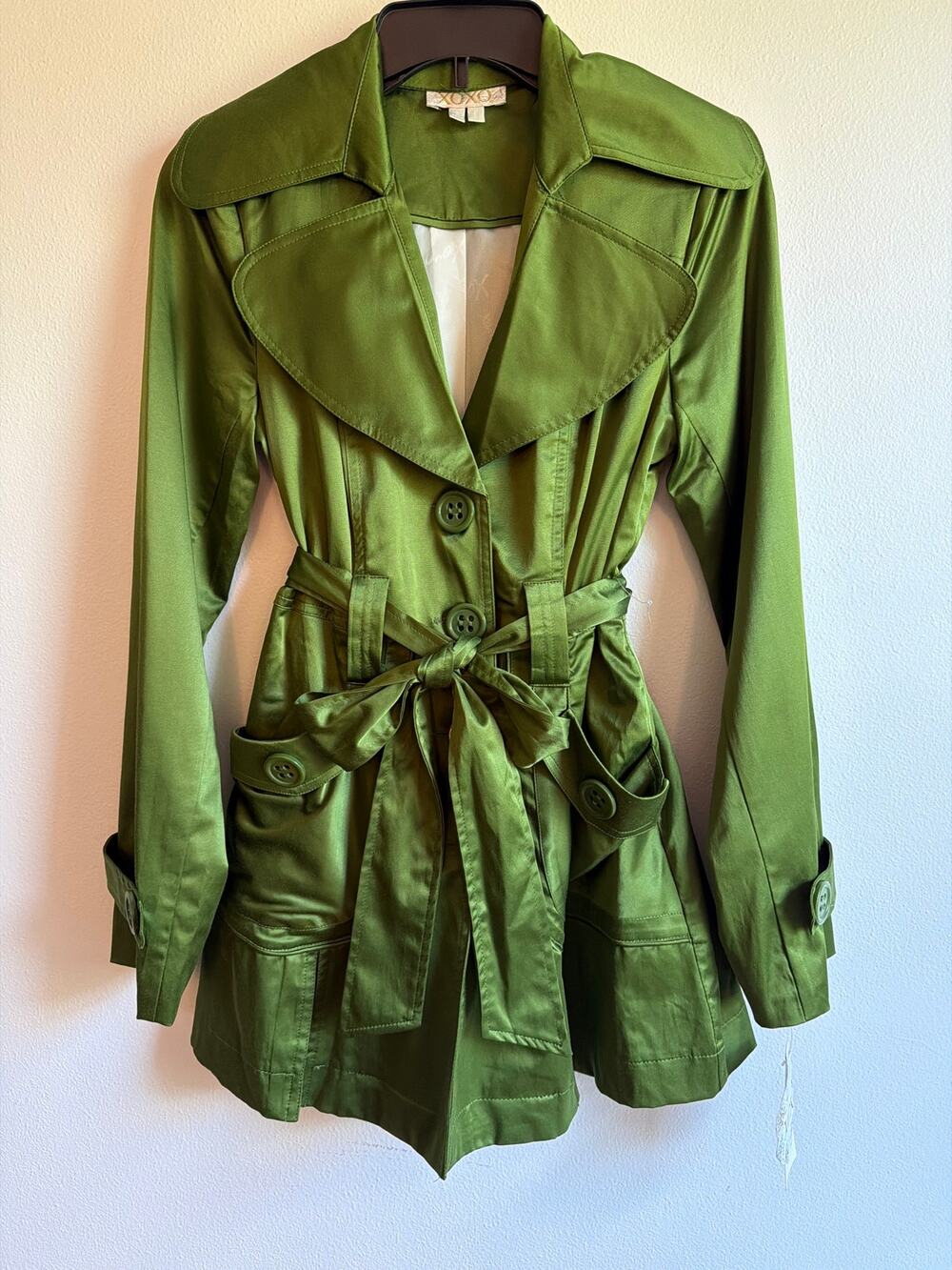 NWT XOXO Olive Green Satin Belted Y2K Trench Coat Jacket | Size S